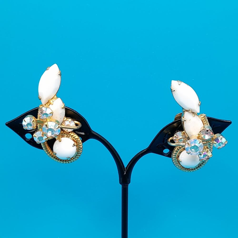 Vintage Milk Glass Ear Climber Clip Earrings, Gold Plated, 1960s, 1 1/2 In